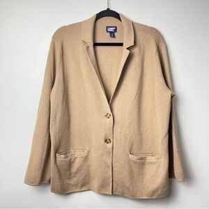 Lands' End Blazer Womens Camel Tan Cotton Sweater Knit 2 Button Pocket Jacket LP
